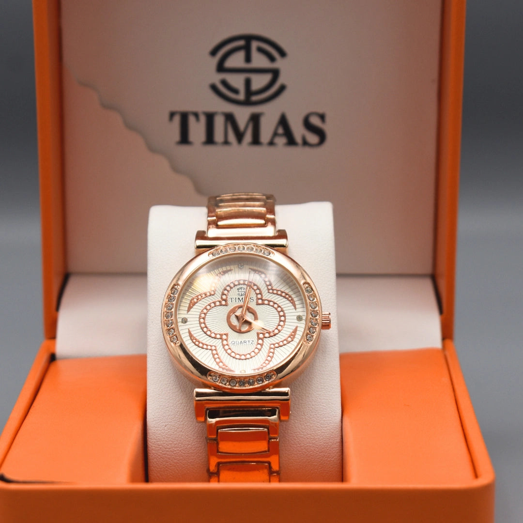 Rose Gold Floral Round Dial Watch
