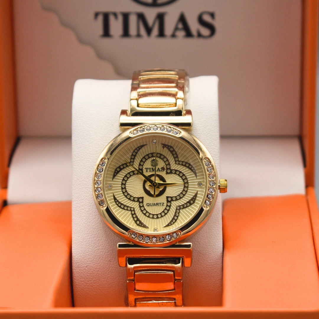 Gold Floral Round Dial Watch