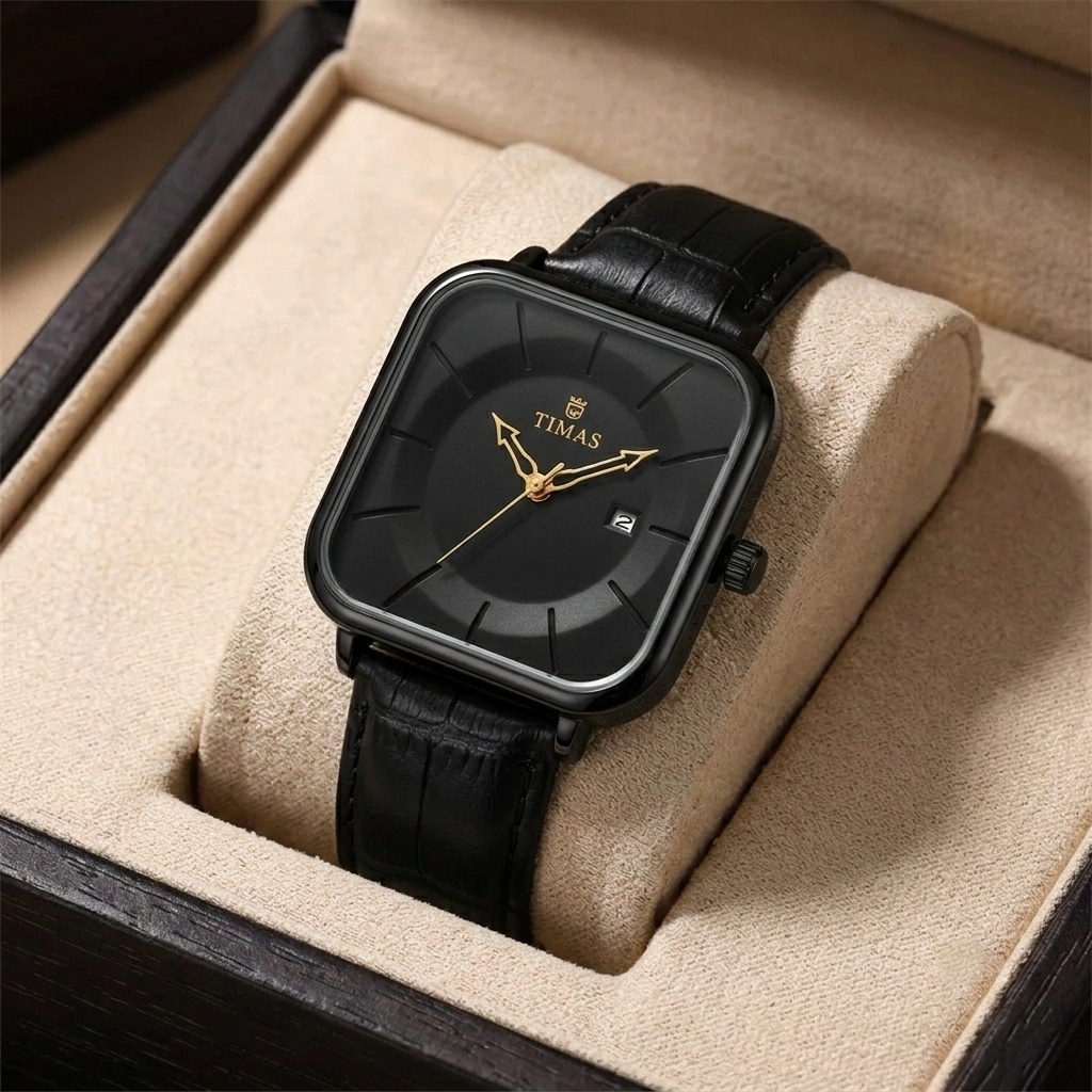 Timas Classic Square Quartz Watch – Modern Elegance with Leather Strap