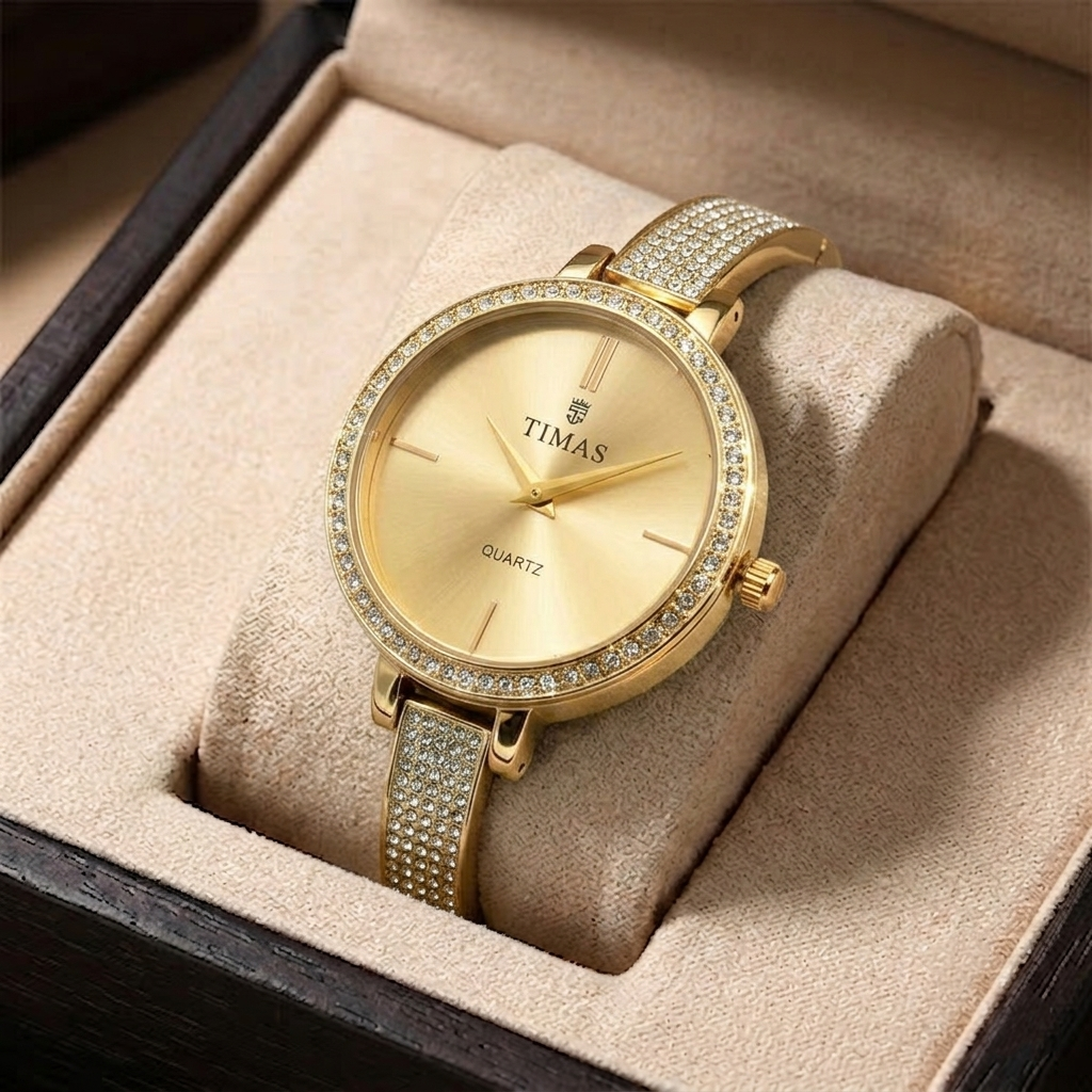 Timas Women's Watch – Rose Gold with Crystal Bezel and Band