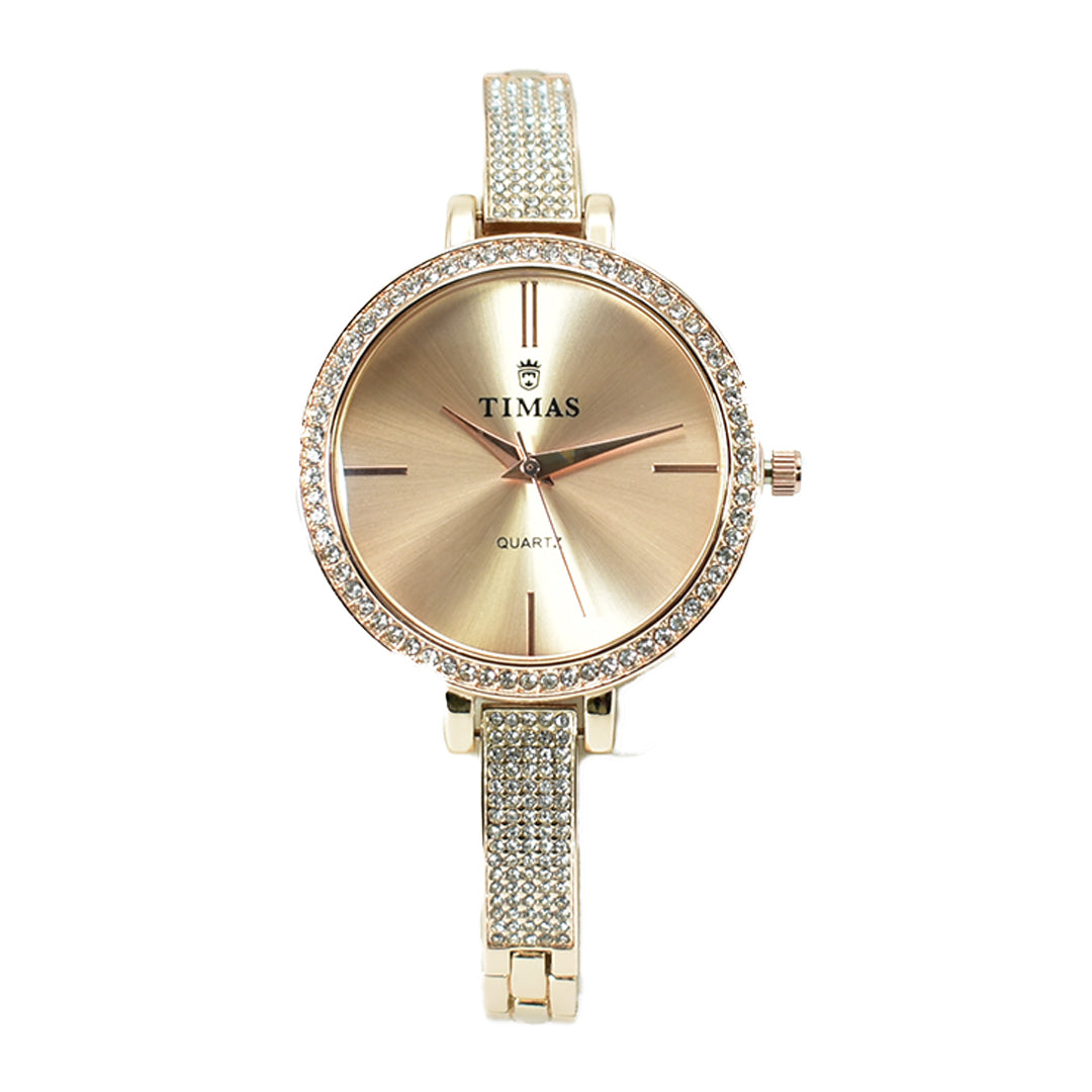 Timas Women's Watch – Rose Gold with Crystal Bezel and Band
