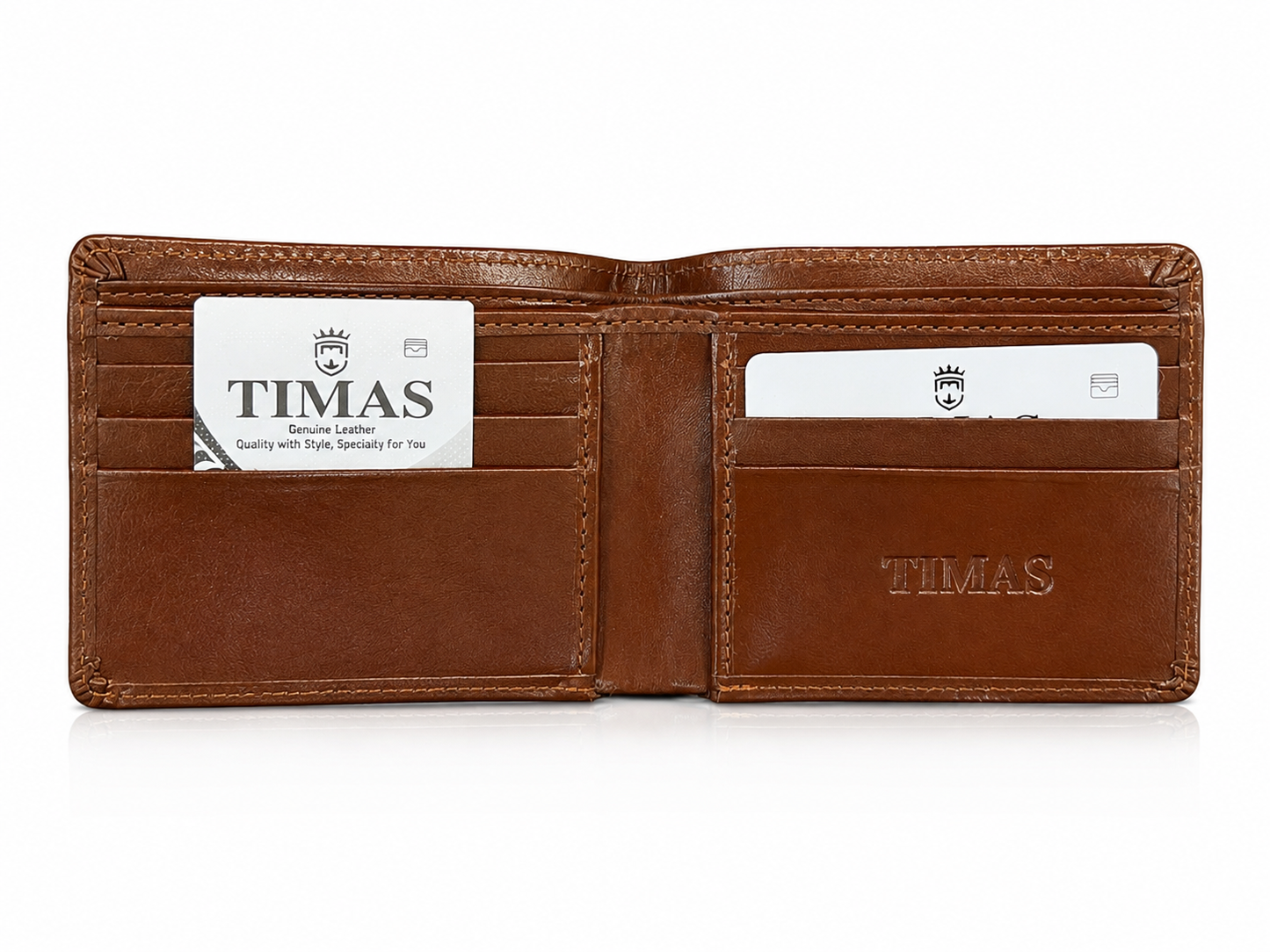 TIMAS Classic Tan Leather Bifold Wallet with Wooden Gift Box