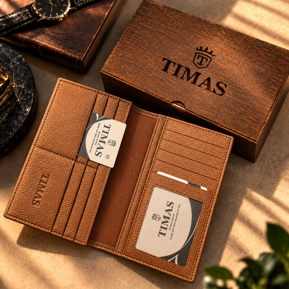 TIMAS Long Executive Men's Leather Wallet with Multiple Card Slots & Wooden Gift Box (DC5-K)