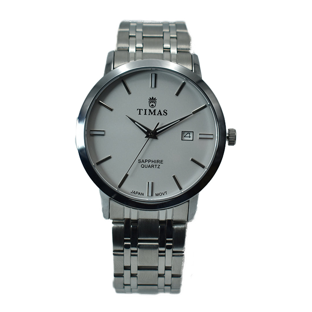 Timas Men's Classic Silver Watch with White Dial