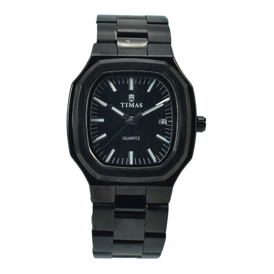 Timas Men's Watch – All-Black with Faceted Case and Textured Dial