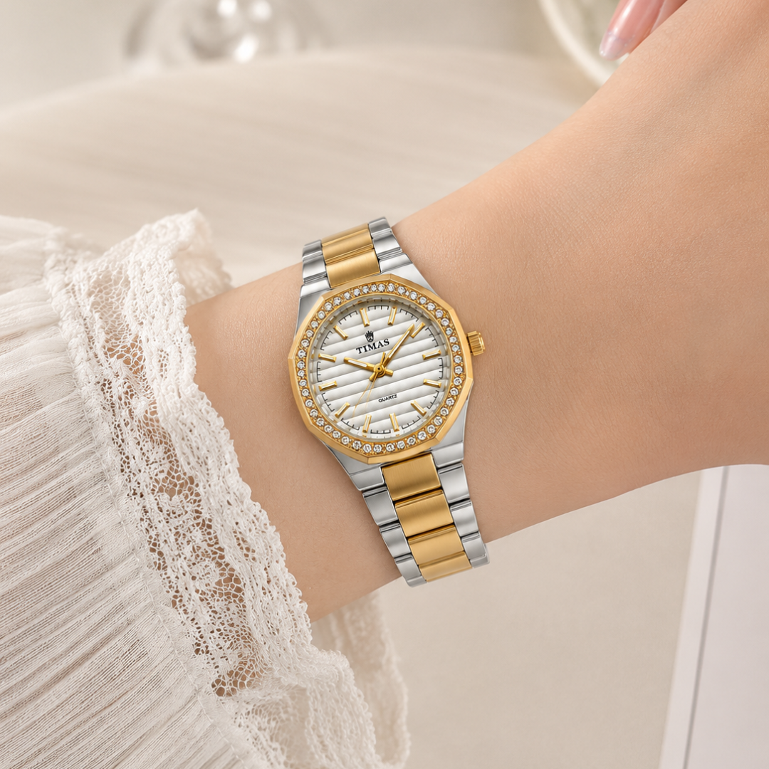 TIMAS Octagonal Crystal Bezel Edition | Textured Dial Metallic Bracelet Quartz Watch (AWTL-00292)