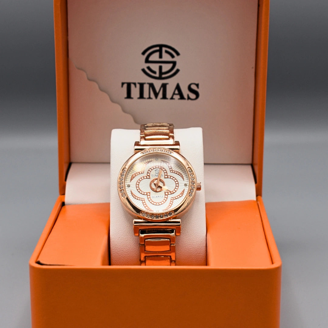 Rose Gold Floral Round Dial Watch