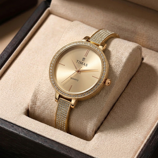 Timas Women's Watch – Rose Gold with Crystal Bezel and Band