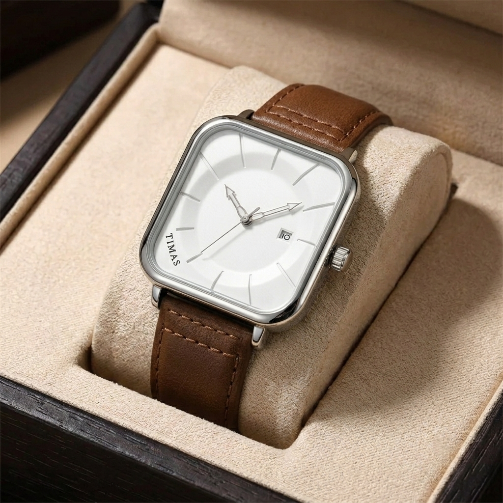 Timas Classic Square Quartz Watch – Modern Elegance with Leather Strap