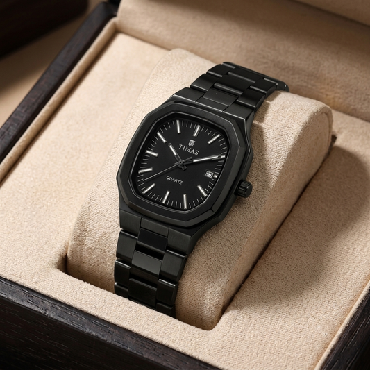 Timas Men's Watch – All-Black with Faceted Case and Textured Dial