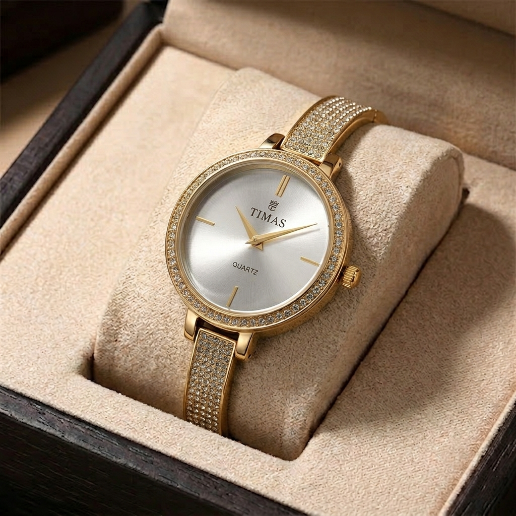 Timas Women's Watch – Rose Gold with Crystal Bezel and Band