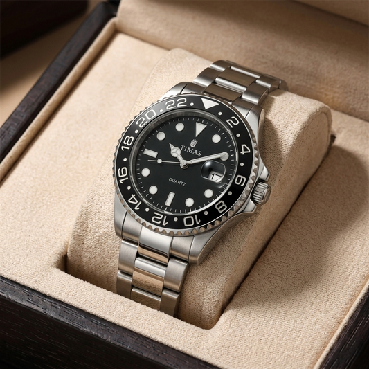 Timas Men's Watch – Black Dial with Metal Bracelet