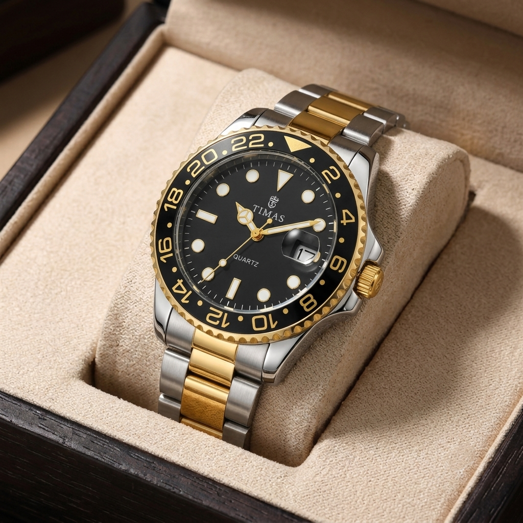 Timas Men's Watch – Black Dial with Metal Bracelet