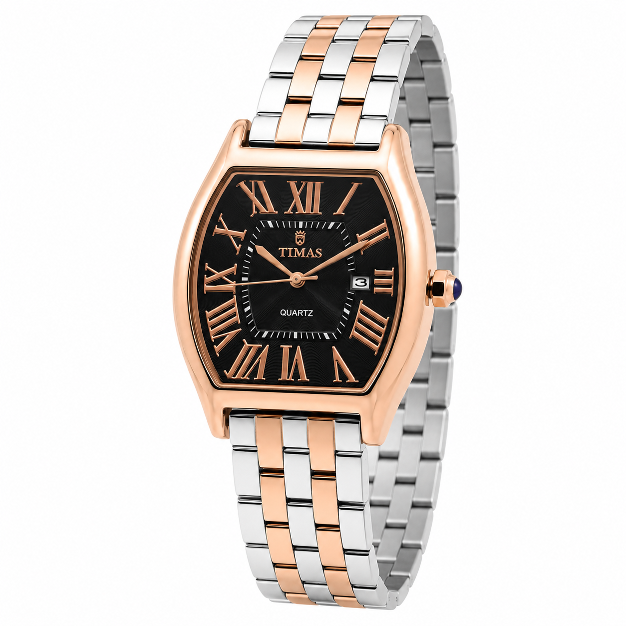TIMAS Tonneau Case Edition | Roman Numeral Date Display Metallic Quartz Watch (AWTM-00290)