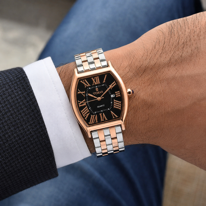 TIMAS Tonneau Case Edition | Roman Numeral Date Display Metallic Quartz Watch (AWTM-00290)