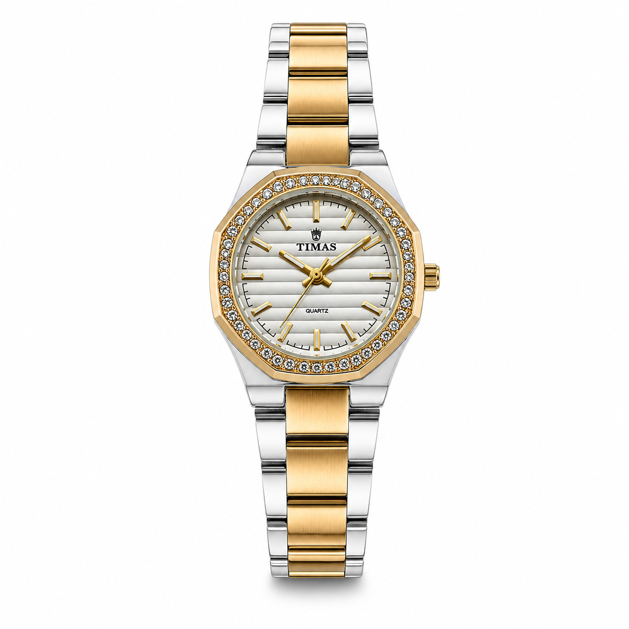 TIMAS Octagonal Crystal Bezel Edition | Textured Dial Metallic Bracelet Quartz Watch (AWTL-00292)