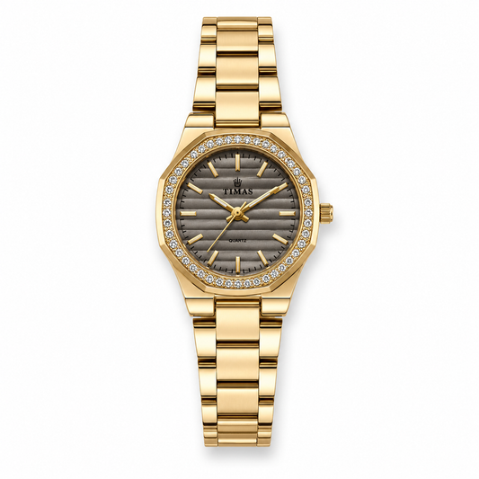 TIMAS Octagonal Crystal Bezel Edition | Textured Dial Metallic Bracelet Quartz Watch (AWTL-00292)