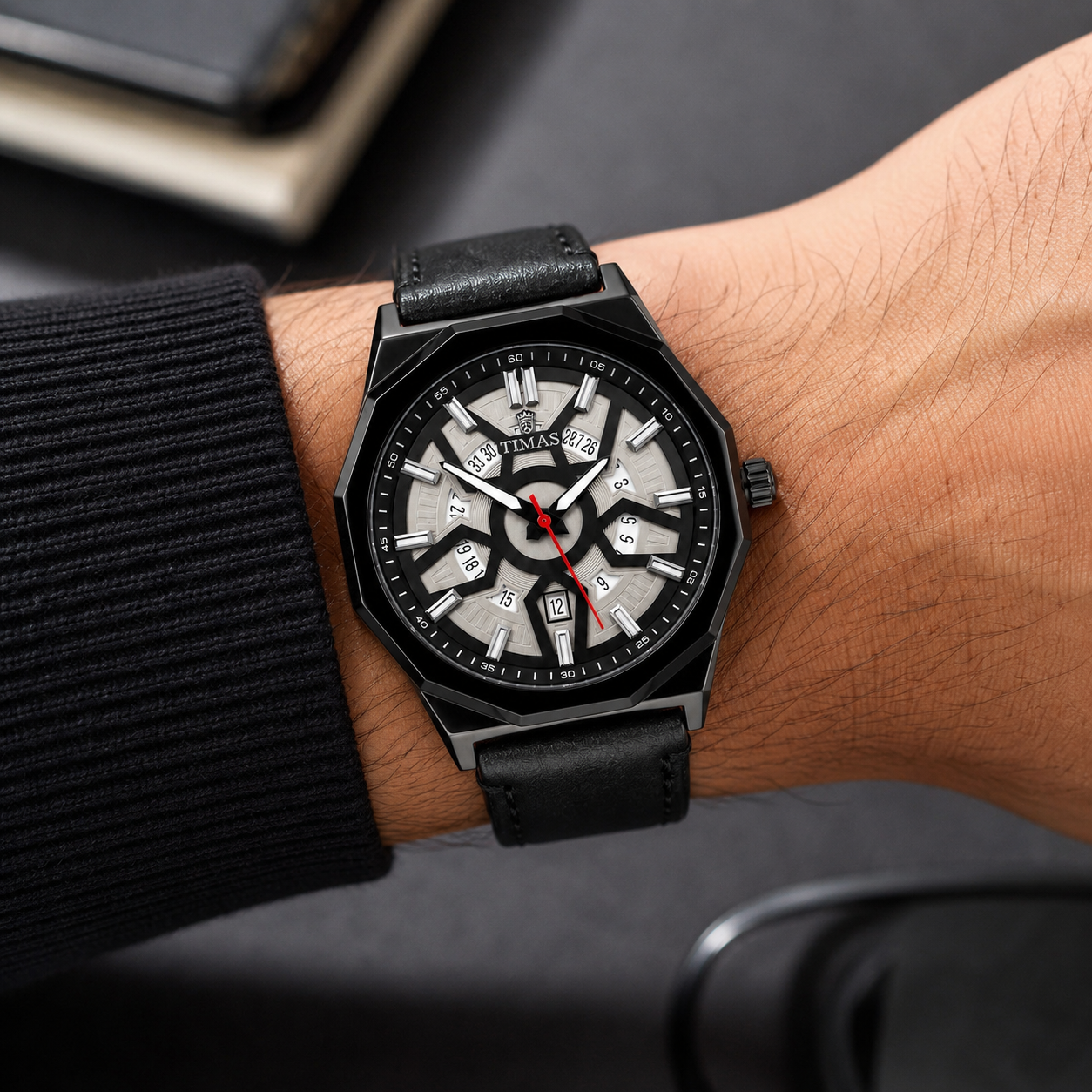 TIMAS Octagonal Bezel Geometric Dial Edition | Stitched Leather Strap Quartz Watch (AWTM-00293)
