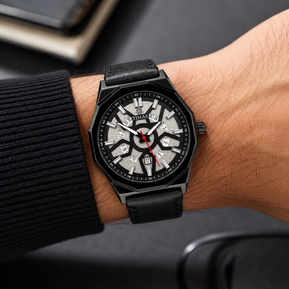 TIMAS Octagonal Bezel Geometric Dial Edition | Stitched Leather Strap Quartz Watch (AWTM-00293)