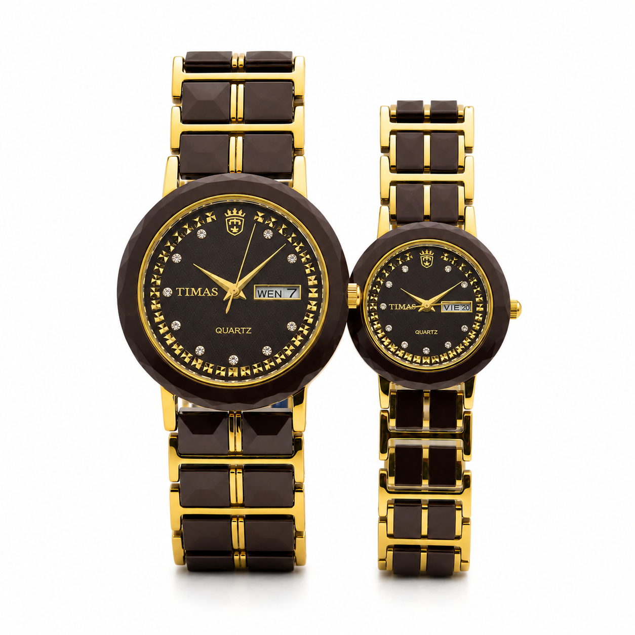 TIMAS Ceramic Style Edition | Day-Date Crystal Marker Metallic Bracelet Couple Pair Quartz Watch