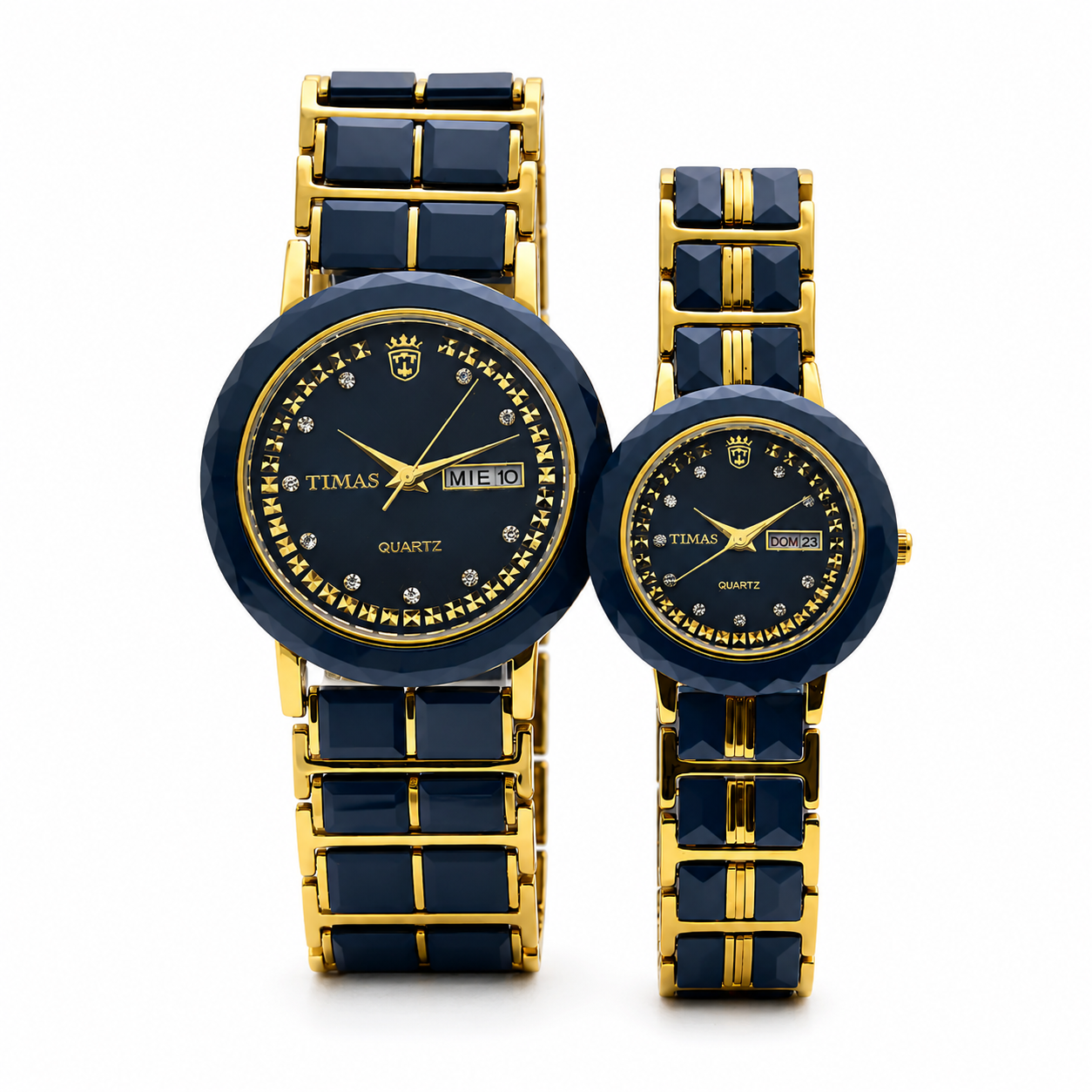 TIMAS Ceramic Style Edition | Day-Date Crystal Marker Metallic Bracelet Couple Pair Quartz Watch