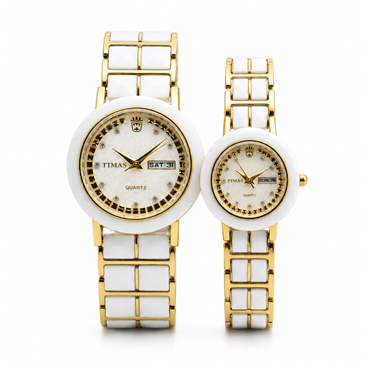 TIMAS Ceramic Style Edition | Day-Date Crystal Marker Metallic Bracelet Couple Pair Quartz Watch
