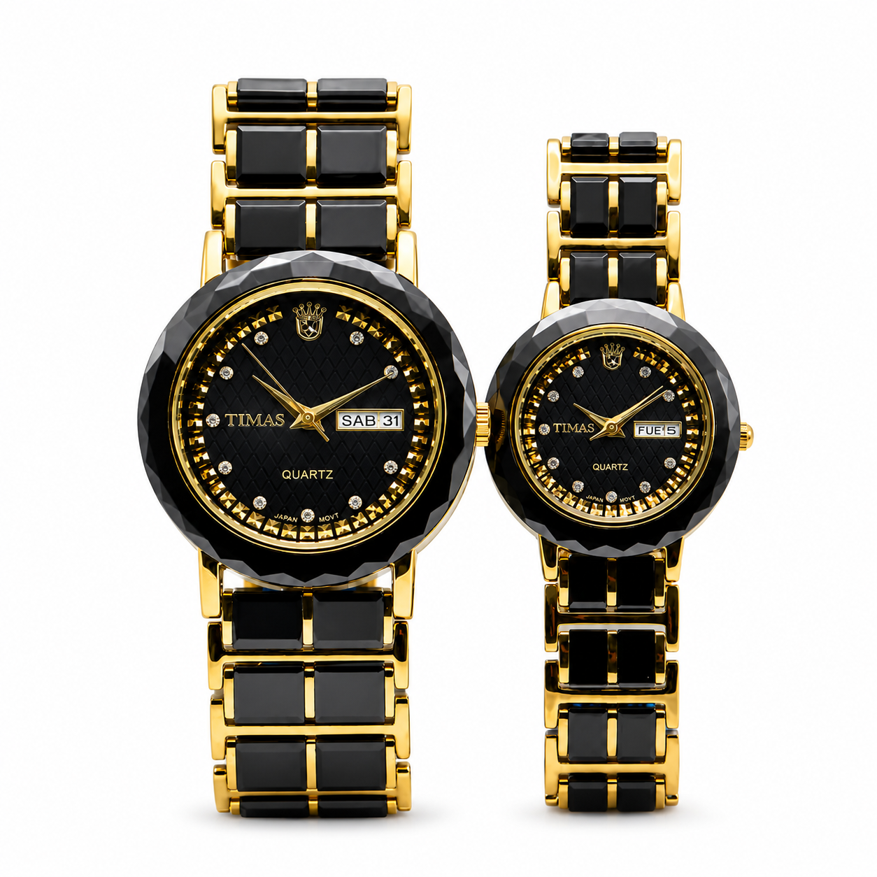 TIMAS Ceramic Style Edition | Day-Date Crystal Marker Metallic Bracelet Couple Pair Quartz Watch