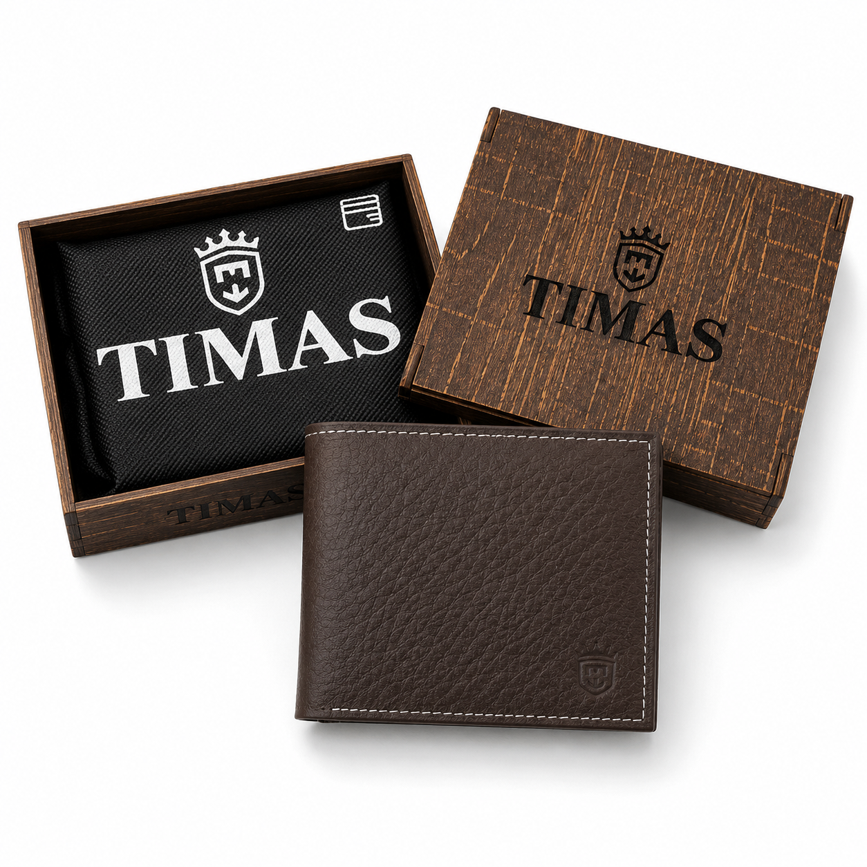 TIMAS Textured Black Leather Bifold Wallet with White Stitching & Wooden Box