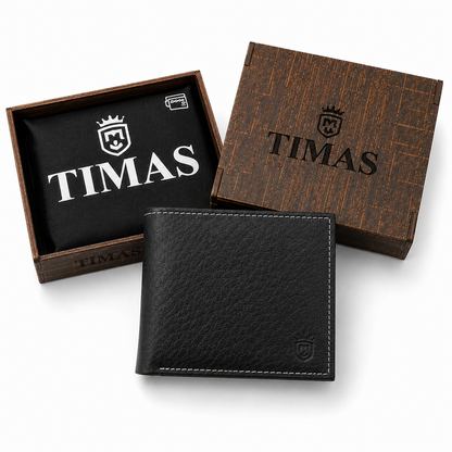 TIMAS Textured Black Leather Bifold Wallet with White Stitching & Wooden Box