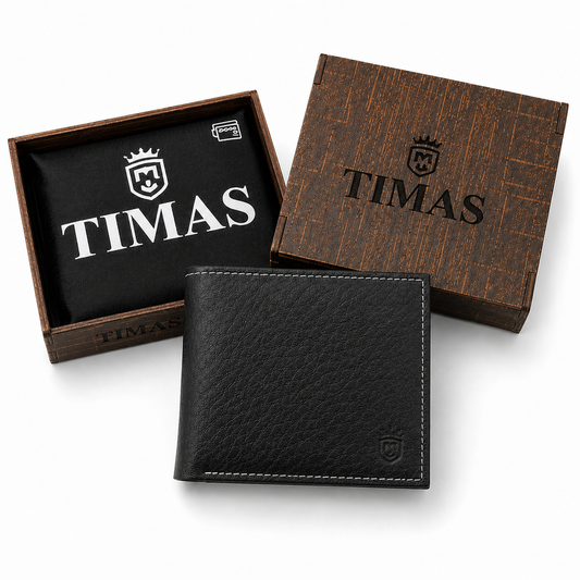TIMAS Textured Black Leather Bifold Wallet with White Stitching & Wooden Box