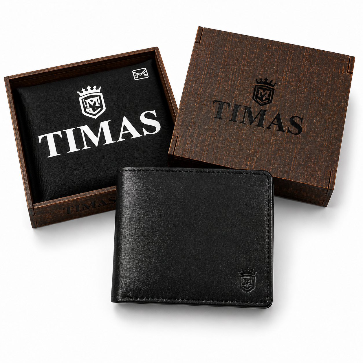 TIMAS Classic Tan Leather Bifold Wallet with Wooden Gift Box