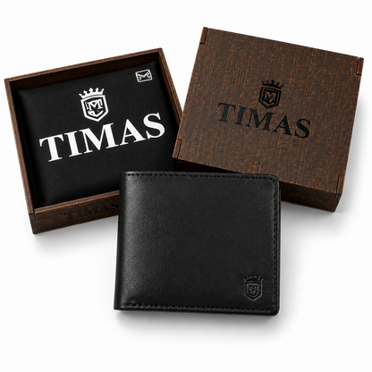 TIMAS Classic Tan Leather Bifold Wallet with Wooden Gift Box