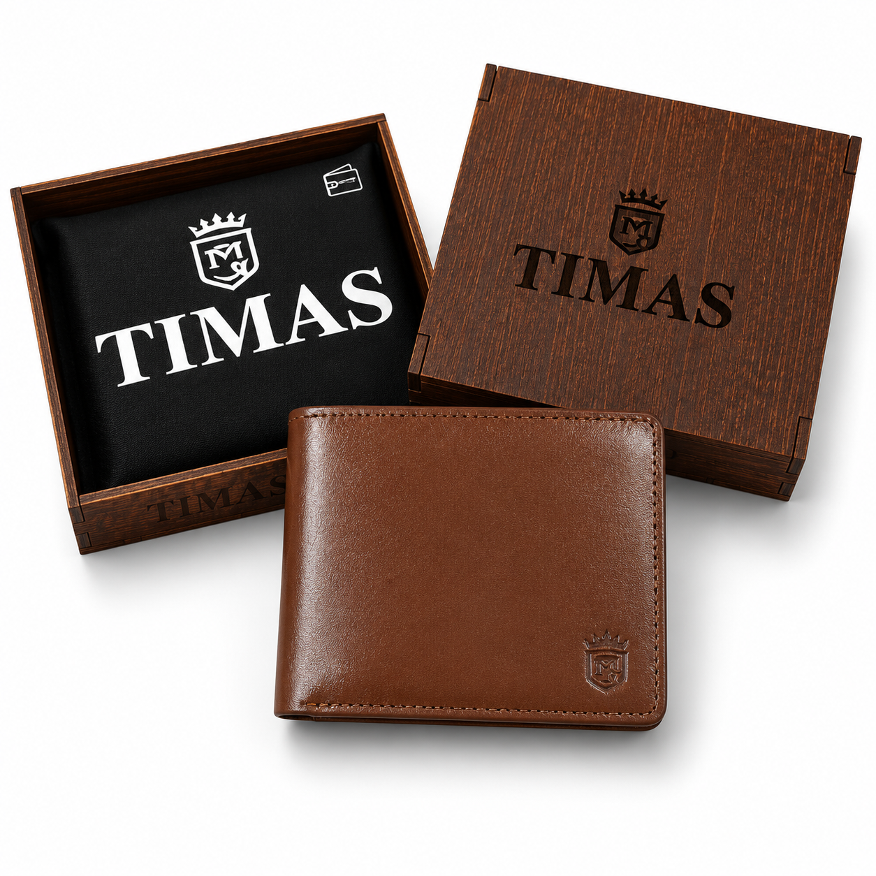 TIMAS Classic Tan Leather Bifold Wallet with Wooden Gift Box