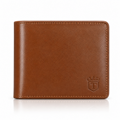 TIMAS Classic Tan Leather Bifold Wallet with Wooden Gift Box