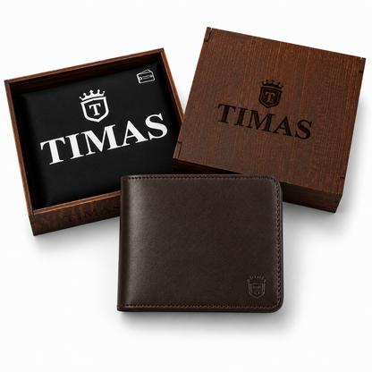 TIMAS Classic Tan Leather Bifold Wallet with Wooden Gift Box