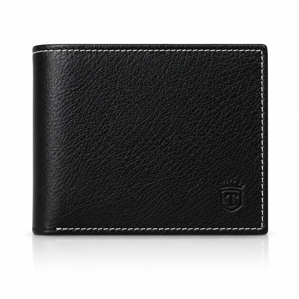 TIMAS Textured Black Leather Bifold Wallet with White Stitching & Wooden Box