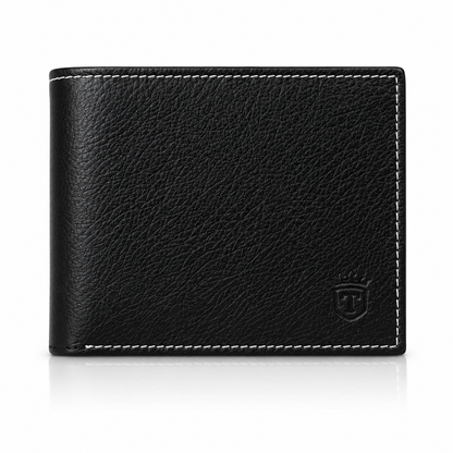 TIMAS Textured Black Leather Bifold Wallet with White Stitching & Wooden Box
