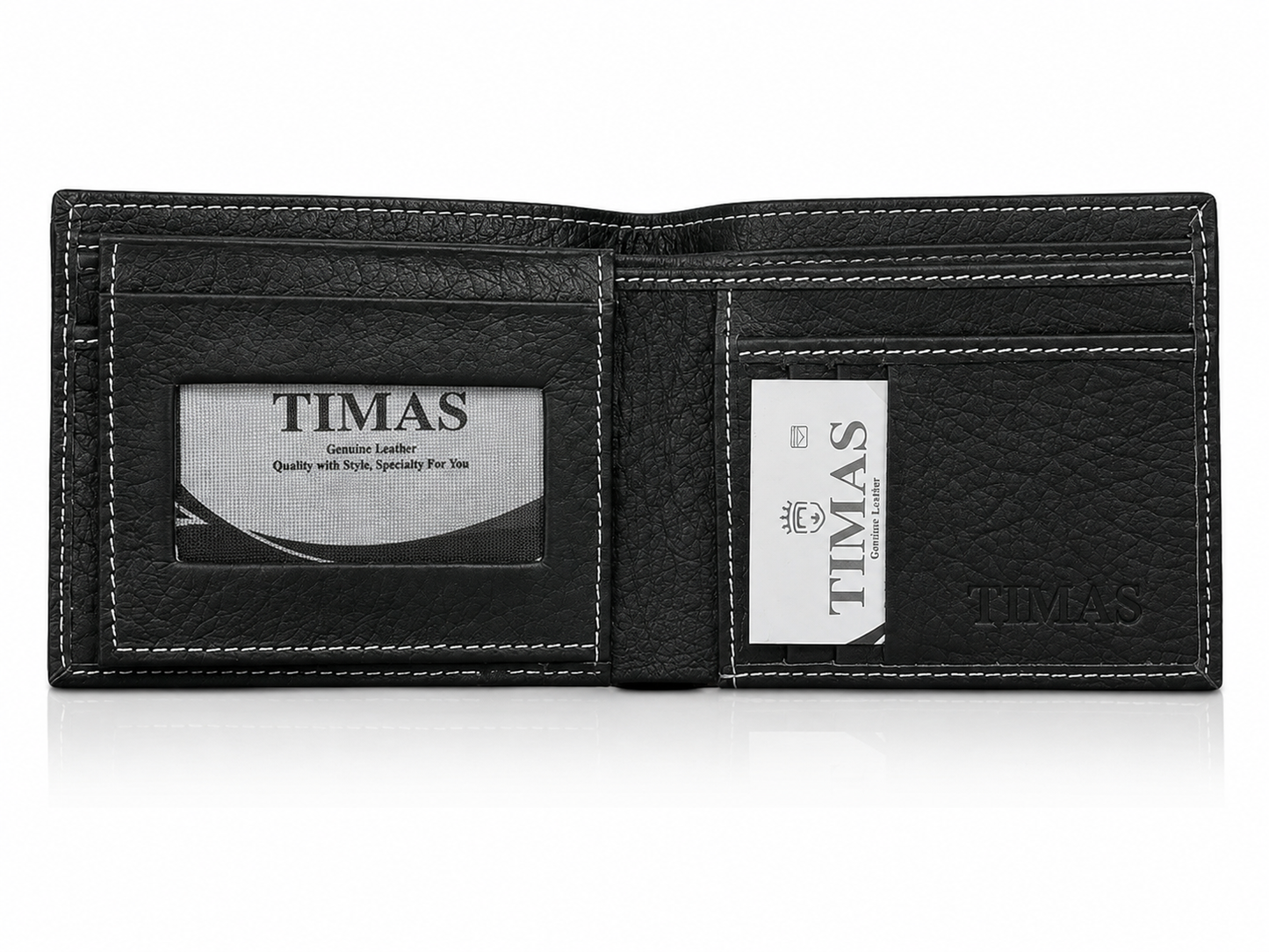 TIMAS Textured Black Leather Bifold Wallet with White Stitching & Wooden Box