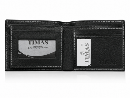 TIMAS Textured Black Leather Bifold Wallet with White Stitching & Wooden Box