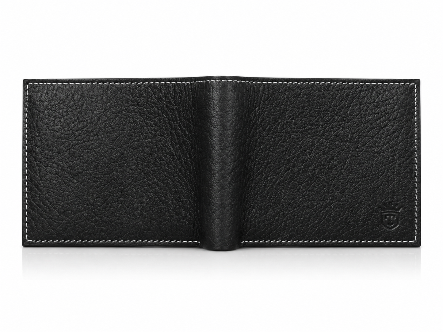 TIMAS Textured Black Leather Bifold Wallet with White Stitching & Wooden Box