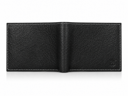 TIMAS Textured Black Leather Bifold Wallet with White Stitching & Wooden Box