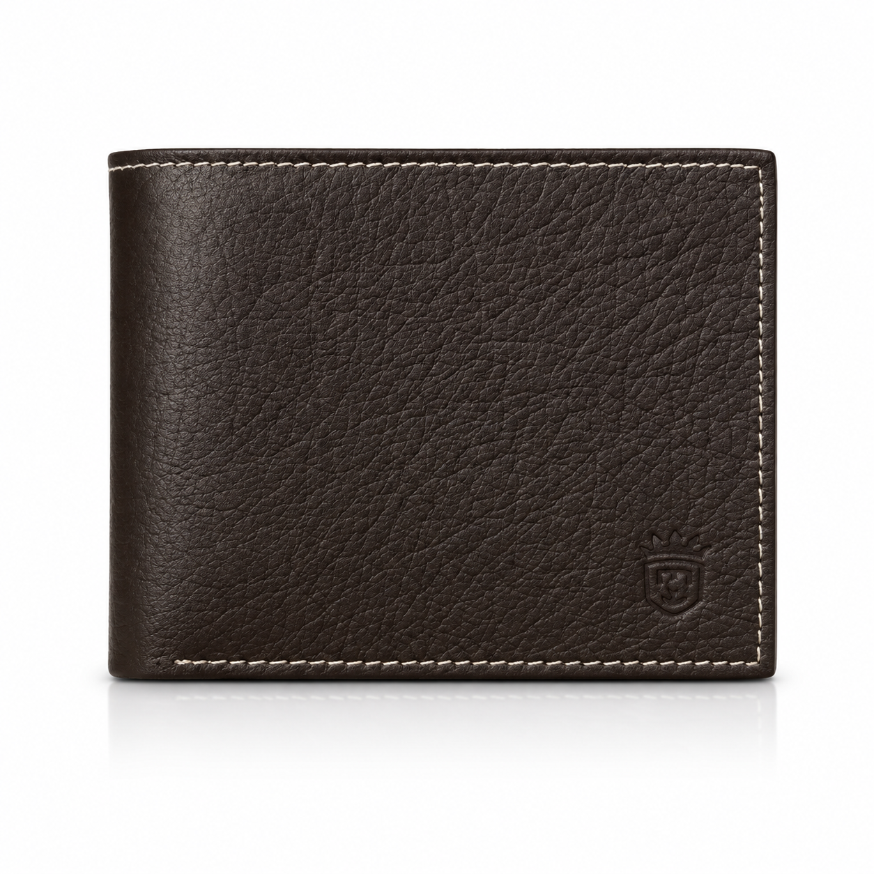 TIMAS Textured Black Leather Bifold Wallet with White Stitching & Wooden Box
