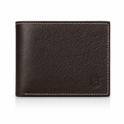TIMAS Textured Black Leather Bifold Wallet with White Stitching & Wooden Box
