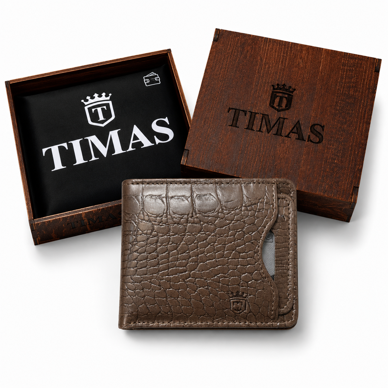 TIMAS Crocodile Textured Leather Bifold Wallet with Coin Zipper & Quick Card Slot