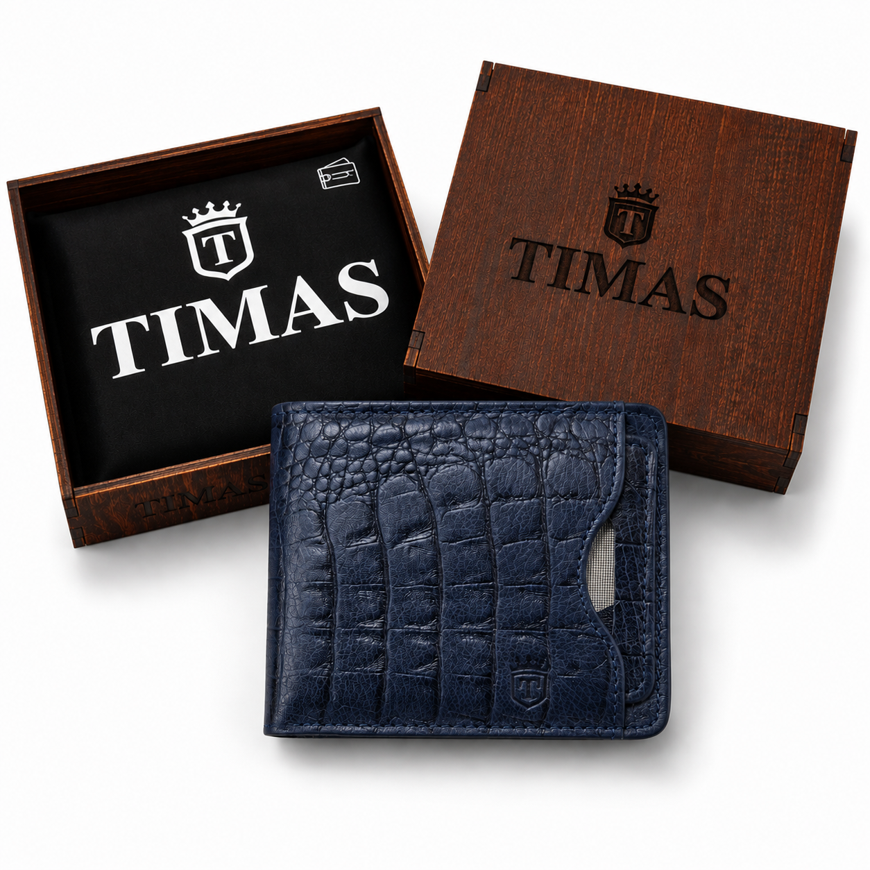 TIMAS Crocodile Textured Leather Bifold Wallet with Coin Zipper & Quick Card Slot