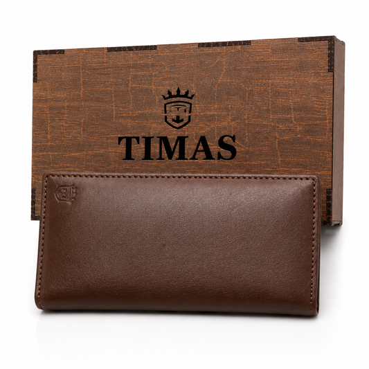 TIMAS Premium Long, Leather Executive Wallet with Wooden Box