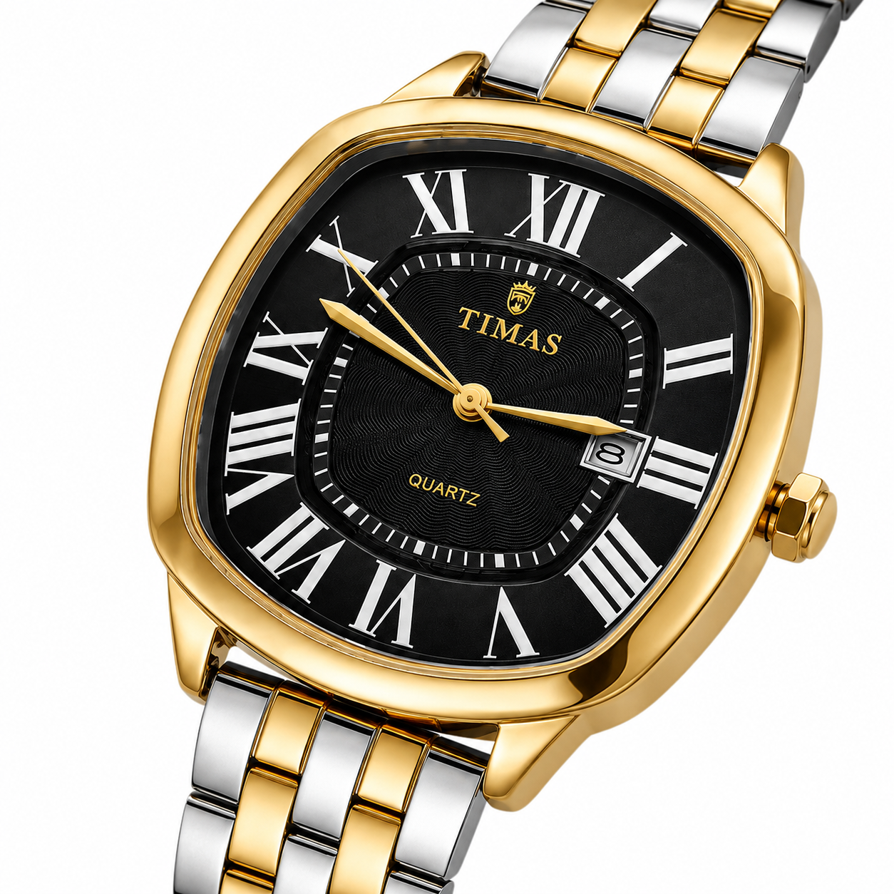 TIMAS Luxury Cushion Case Quartz Watch with Two-Tone Stainless Steel Bracelet (AWTM-00299)
