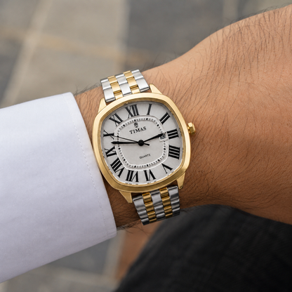 TIMAS Luxury Cushion Case Quartz Watch with Two-Tone Stainless Steel Bracelet (AWTM-00299)