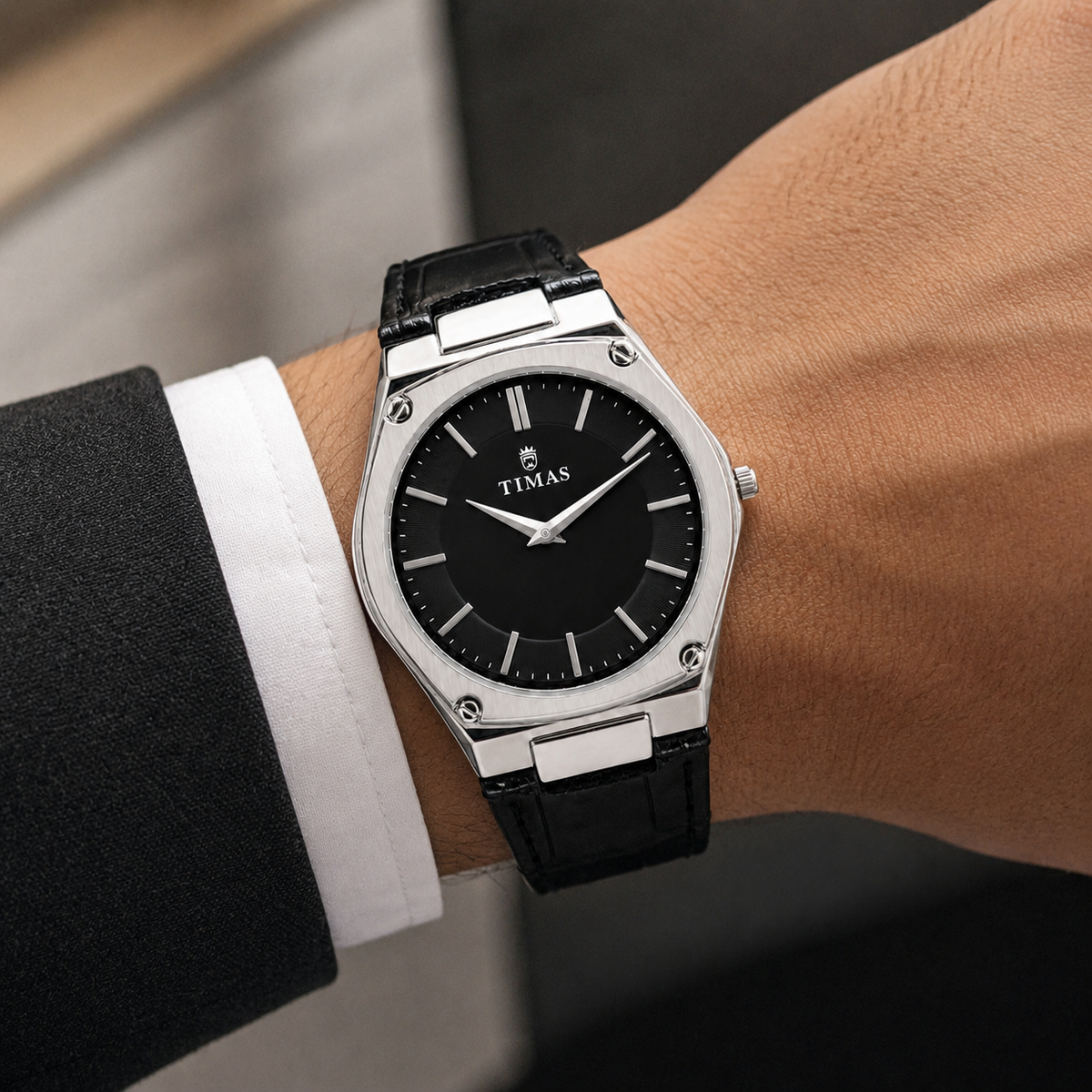 TIMAS Luxury Quartz Men's Watch with Textured Rim Dial & Leather Strap (AWTM-00313)