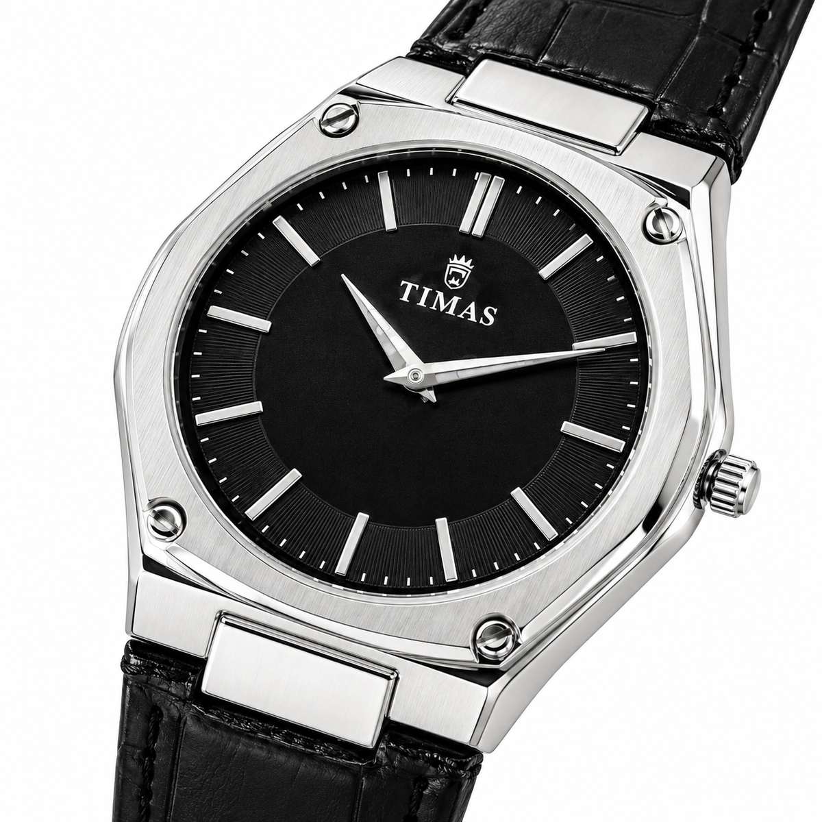 TIMAS Luxury Quartz Men's Watch with Textured Rim Dial & Leather Strap (AWTM-00313)